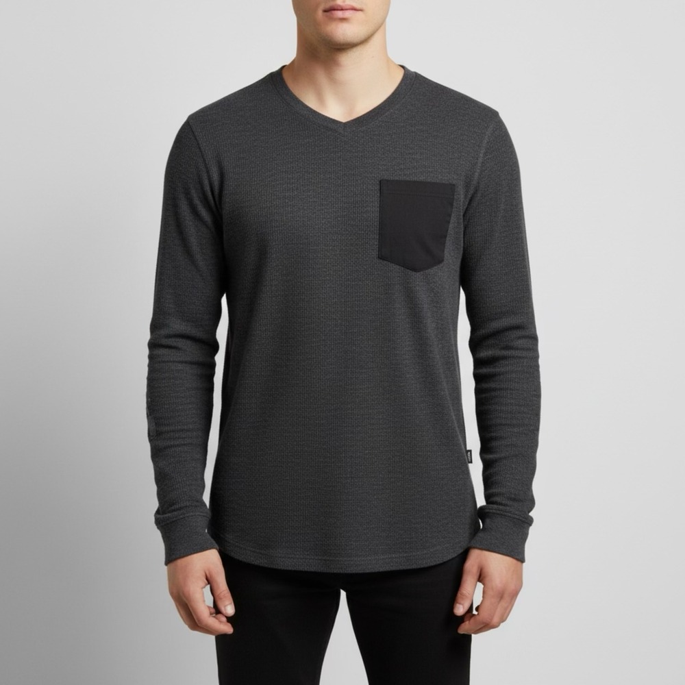 DH3 Mens Charcoal Grey Waffle Knit V-Neck Long Sleeve Thermal Shirt Large